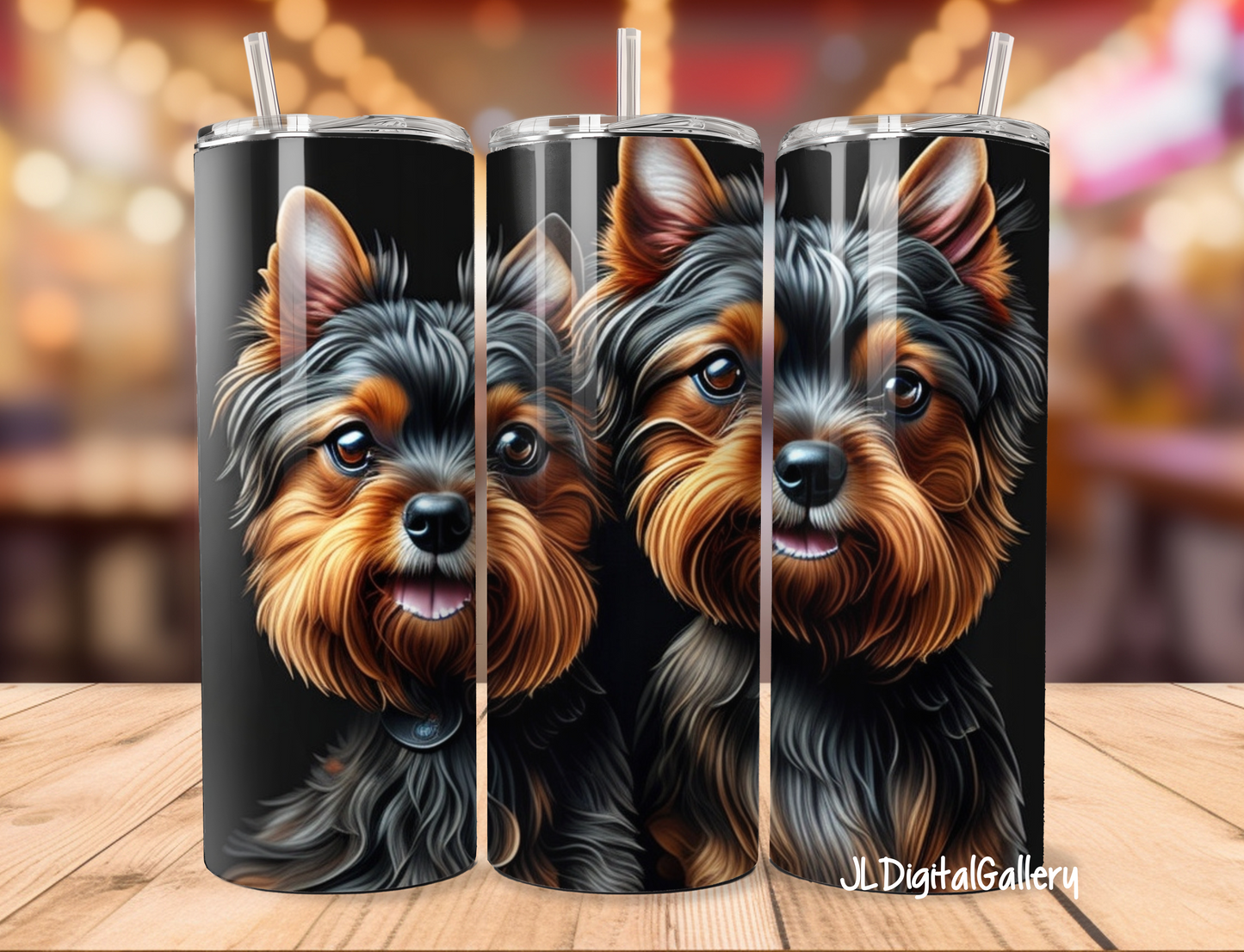3D Cute Yorking designs for 20 oz Tumbler Straight. Pink bows for girls and no bows but black backgrounds for boy dogs.