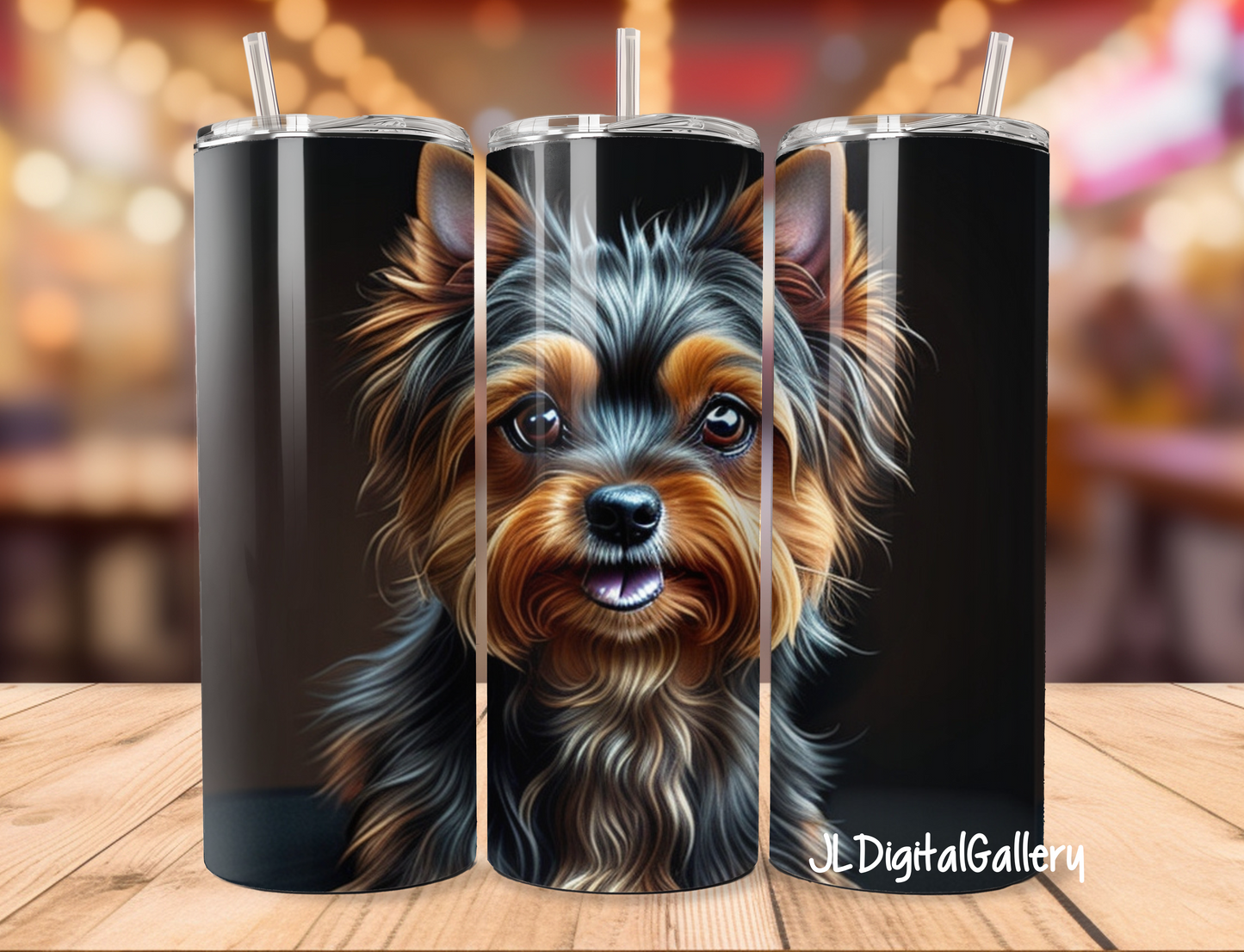 3D Cute Yorking designs for 20 oz Tumbler Straight. Pink bows for girls and no bows but black backgrounds for boy dogs.
