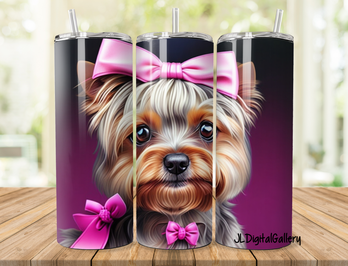 3D Cute Yorking designs for 20 oz Tumbler Straight. Pink bows for girls and no bows but black backgrounds for boy dogs.