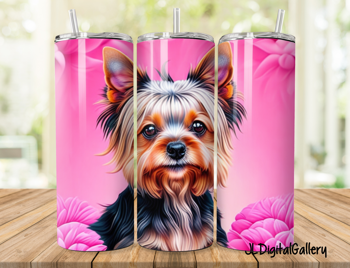 3D Cute Yorking designs for 20 oz Tumbler Straight. Pink bows for girls and no bows but black backgrounds for boy dogs.
