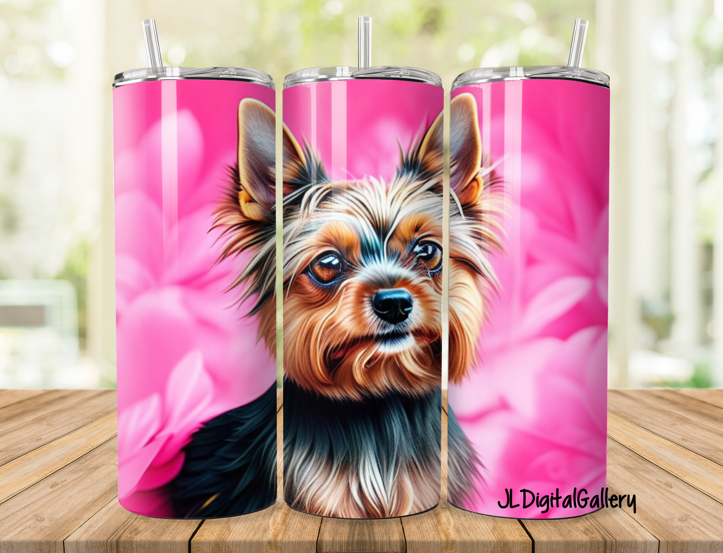 3D Cute Yorking designs for 20 oz Tumbler Straight. Pink bows for girls and no bows but black backgrounds for boy dogs.