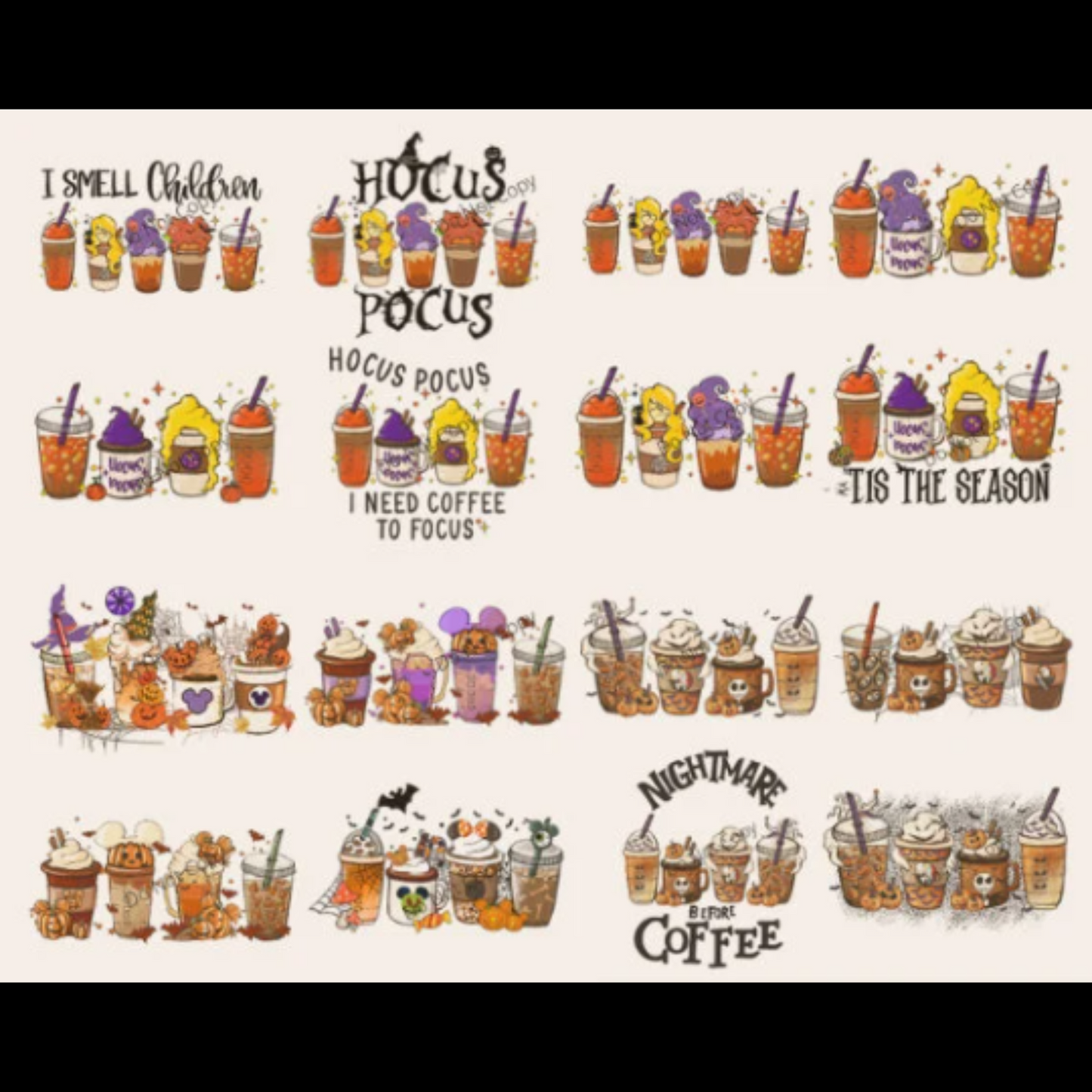 Horror Fall coffee PNG Jason, Hocus Pocus, pumpkin spice latte iced warm autumn orange digital file Sublimation design hand drawn Printable Graphic Bundle Freddy ghostface