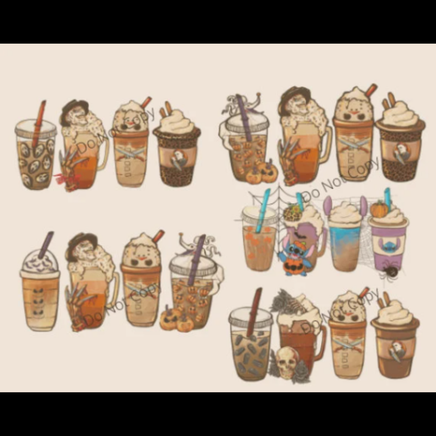 Horror Fall coffee PNG Jason, Hocus Pocus, pumpkin spice latte iced warm autumn orange digital file Sublimation design hand drawn Printable Graphic Bundle Freddy ghostface