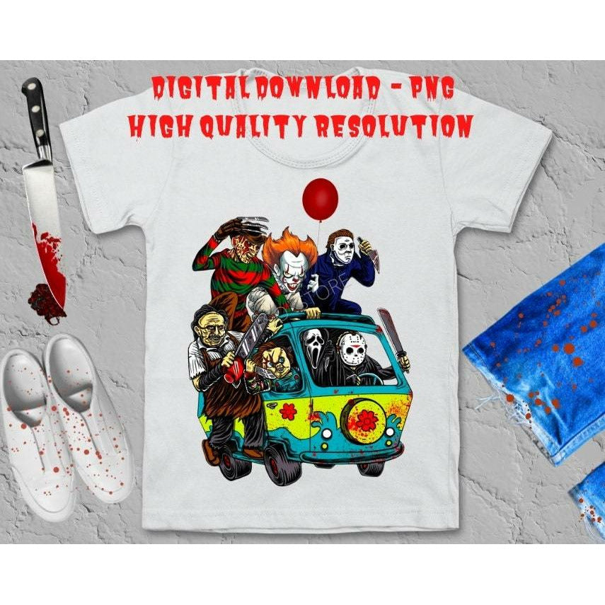 Horror Friends Van With Clown Retro Scary Movie Villains PNG Digital Design