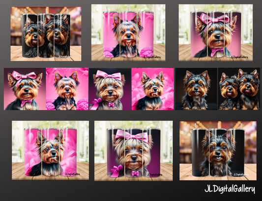 3D Cute Yorking designs for 20 oz Tumbler Straight. Pink bows for girls and no bows but black backgrounds for boy dogs.