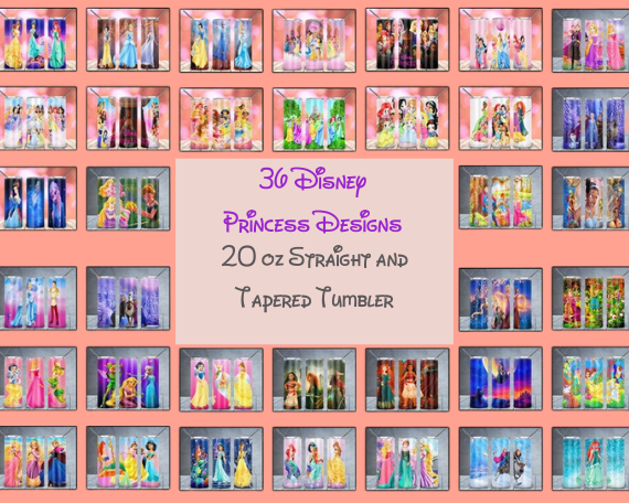 THE BIGGEST BUNDLE SPECIFICATION: 36 Disney Princess Designs 20 oz Tumbler Designs PNG digital download Straight Skinny and Tapered Skinny Tumbler designs PNG ( Most Finer than 300dpi )