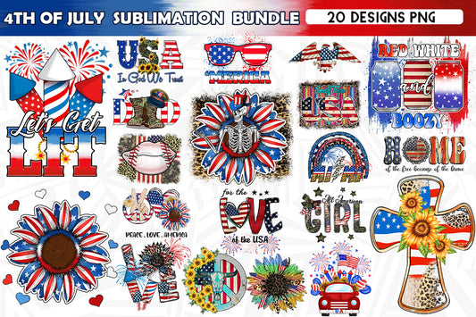 Celebrate Summer and 4th of July with this sparkling 4th of July Sublimation bundle! Included in this collection are 20 high-quality designs, available in the file format PNG (300 DPI). Use these beautiful designs for your 4th of July crafting projects; cards, table decor, table centerpiece, porch sign, t-shirts, pillows, mugs and more! A lifetime commercial license is included with this bundle