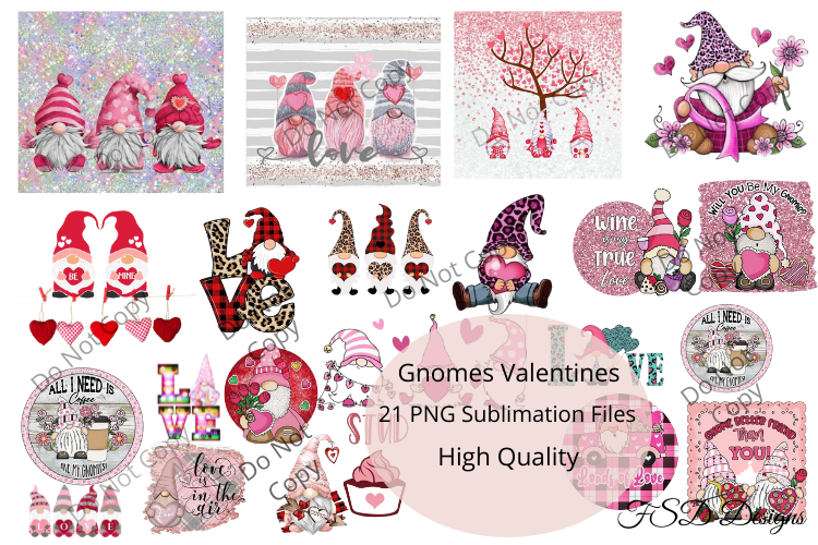 Gnome Valentines 21 PNG Sublimation file to download. Very High Quality Digital files.  Very glittery and pink red hearts. A bunch of Gnome love!