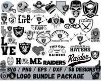 Las Vegas Raiders SVG Bundle package contains 58 designs. File types include SVG, PNG, EPX and DXF files. Has Raiders logo includes with helmet designs and pirate skulls. 