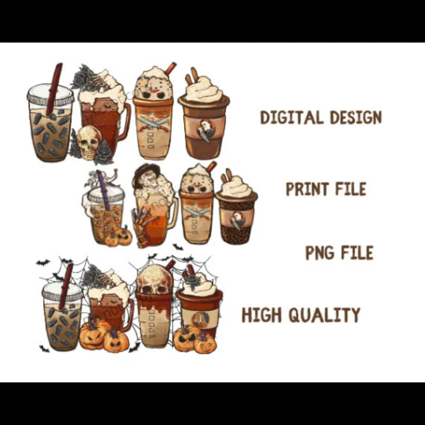 Horror Fall coffee PNG pumpkin spice latte iced warm autumn orange digital Sublimation design hand drawn Printable Graphic Bundle Skeleton. With Freddy, Jason, Mike Myers designs. 3 designs in all for a great price!
