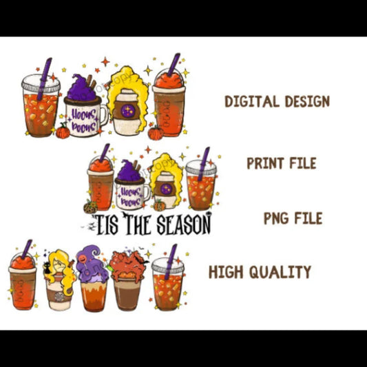 Hocus Pocus Hand Drawn Horror Coffee latte PNG Designs, 3 images bundle pack