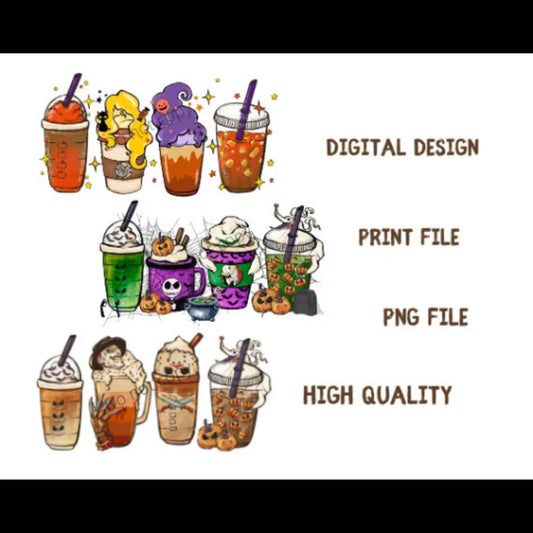 Horror Fall coffee PNG pumpkin spice latte iced warm autumn orange digital file Sublimation design hand drawn Printable Graphic Bundle Freddy, Skellington, Hocus Pocus 