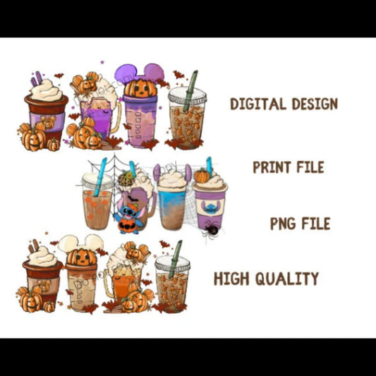 Cute Horror Fall coffee PNG pumpkin spice latte iced warm autumn orange digital file Sublimation design hand drawn Printable Graphic Bundle With Mickey Mouse and Stitch designs 