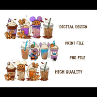 Cute Horror Fall coffee PNG pumpkin spice latte iced warm autumn orange digital file Sublimation design hand drawn Printable Graphic Bundle With Mickey Mouse and Stitch designs 