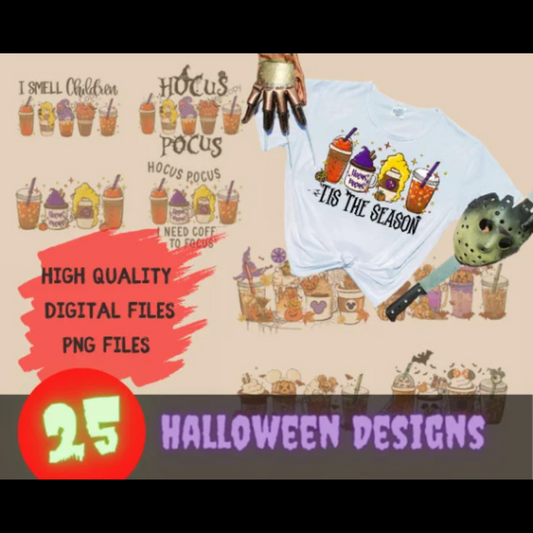 Horror Fall coffee PNG Jason, Hocus Pocus, pumpkin spice latte iced warm autumn orange digital file Sublimation design hand drawn Printable Graphic Bundle Freddy ghostface 