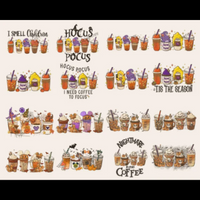Horror Fall coffee PNG Jason, Hocus Pocus, pumpkin spice latte iced warm autumn orange digital file Sublimation design hand drawn Printable Graphic Bundle Freddy ghostface