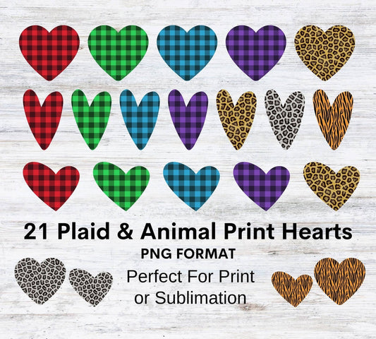 Plaid & Animal Print Love Heart Clipart, Leopard Print Hearts | 21 PNG Files