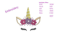 Unicorn Face with Flower Embroidery Machine