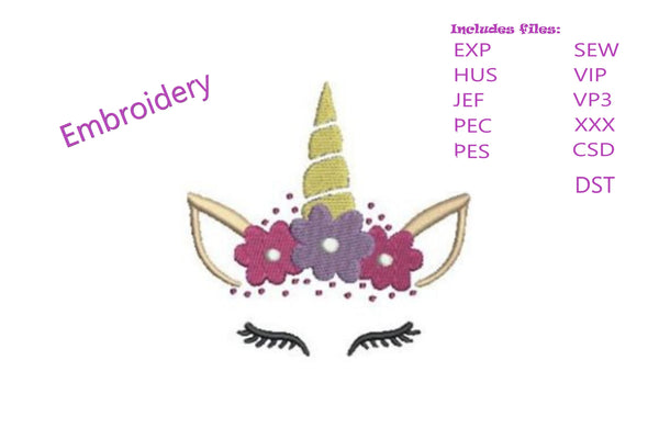 Unicorn Face with Flower Embroidery Machine