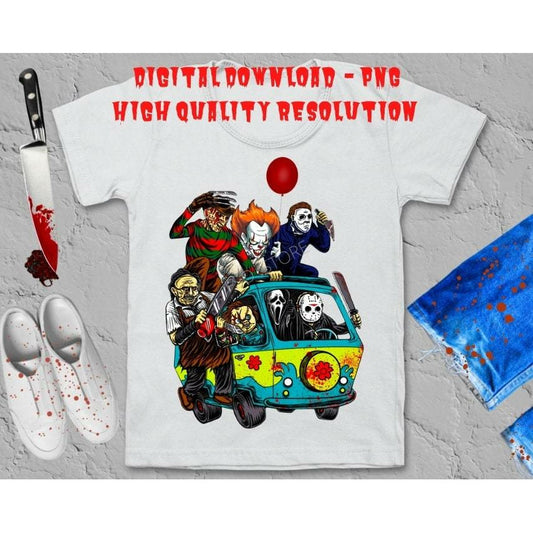 Horror Friends Van With Clown Retro Scary Movie Villains PNG Digital Design