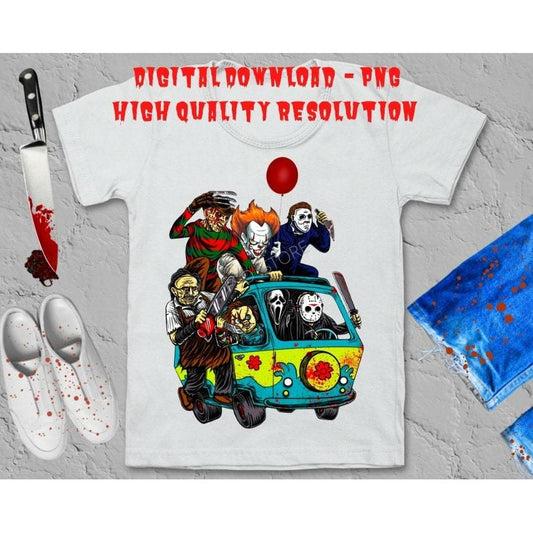 Horror Friends Van With Clown Retro Scary Movie Villains PNG Digital Design